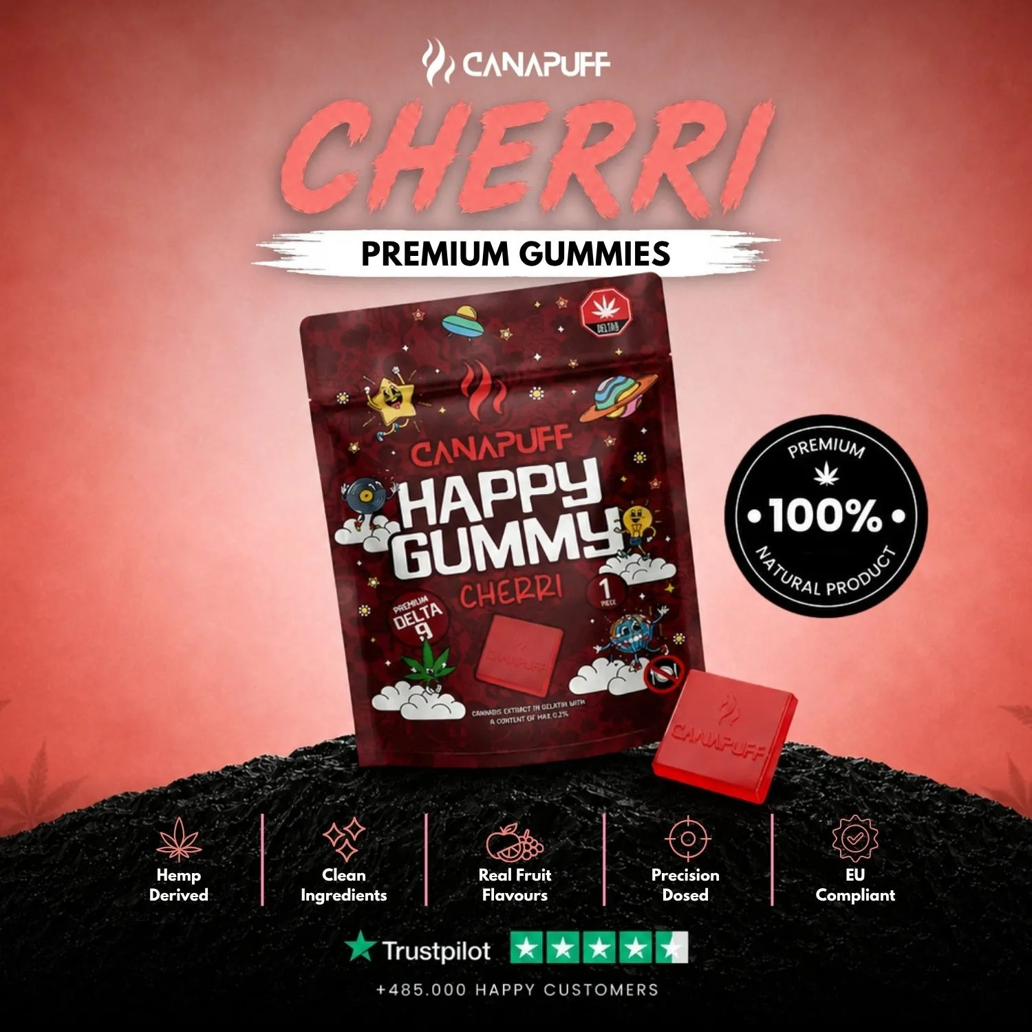 Canapuff Happy Gummy Cherri vingummi 1 stk kirsebær