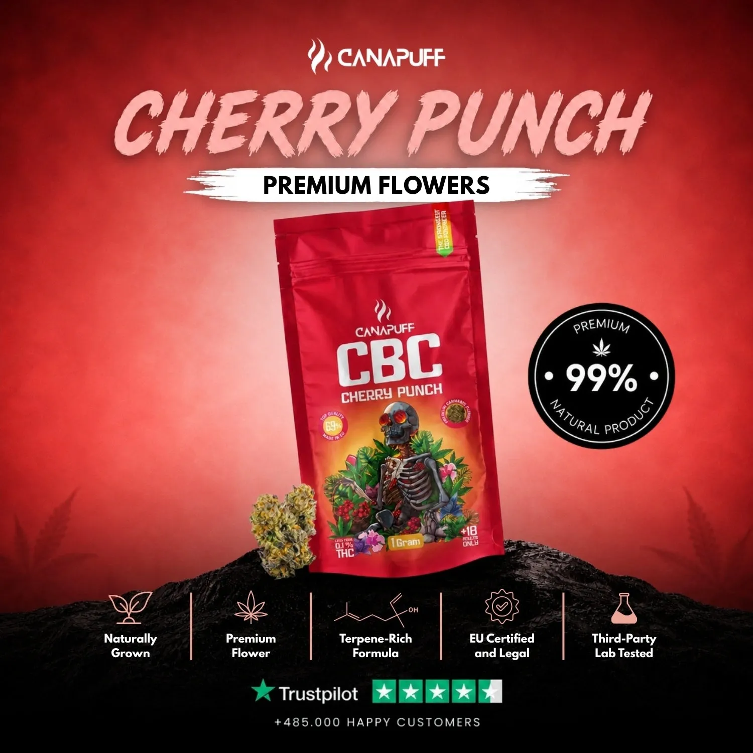Canapuff Cherry Punch 69% CBC-blomst 1g kirsebær