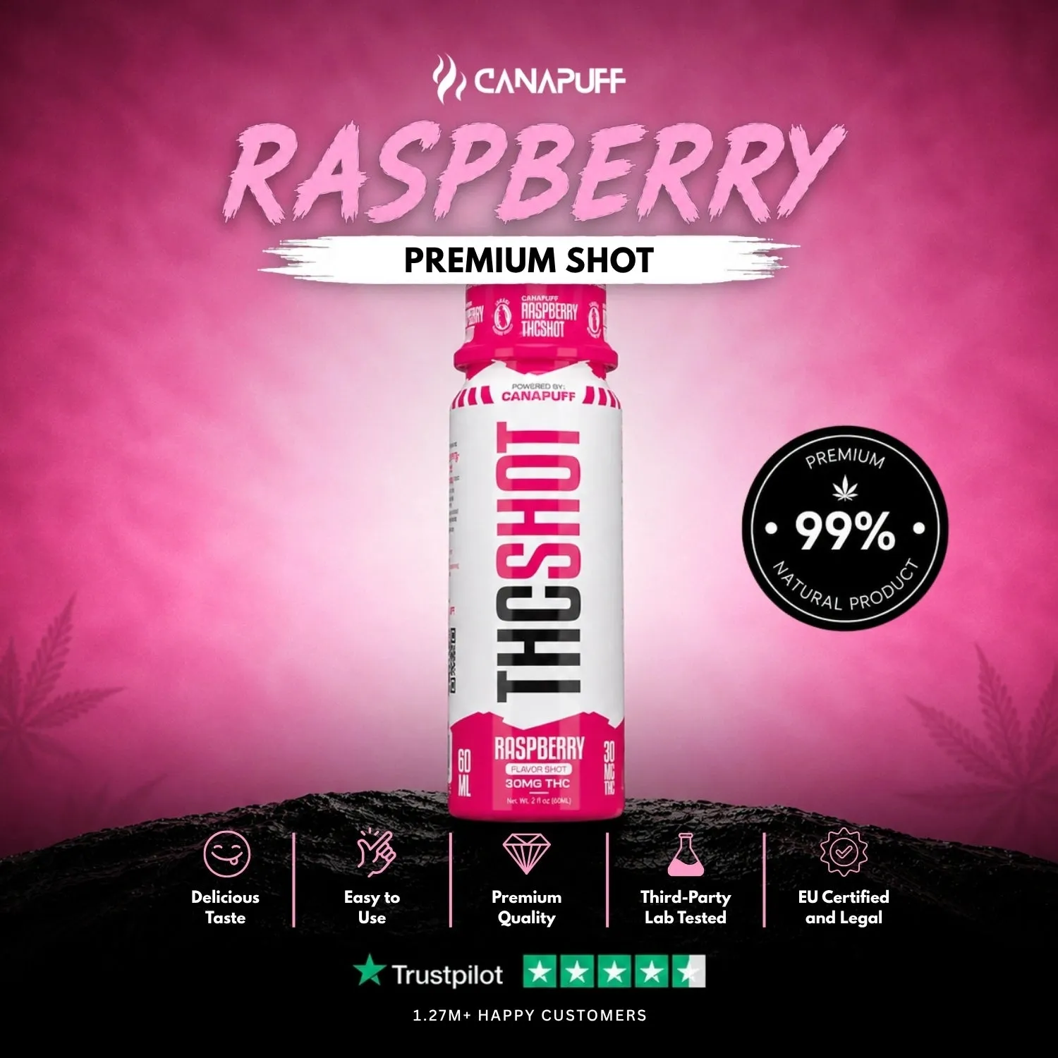 Canapuff Happy Shot Raspberry shot 60ml bær