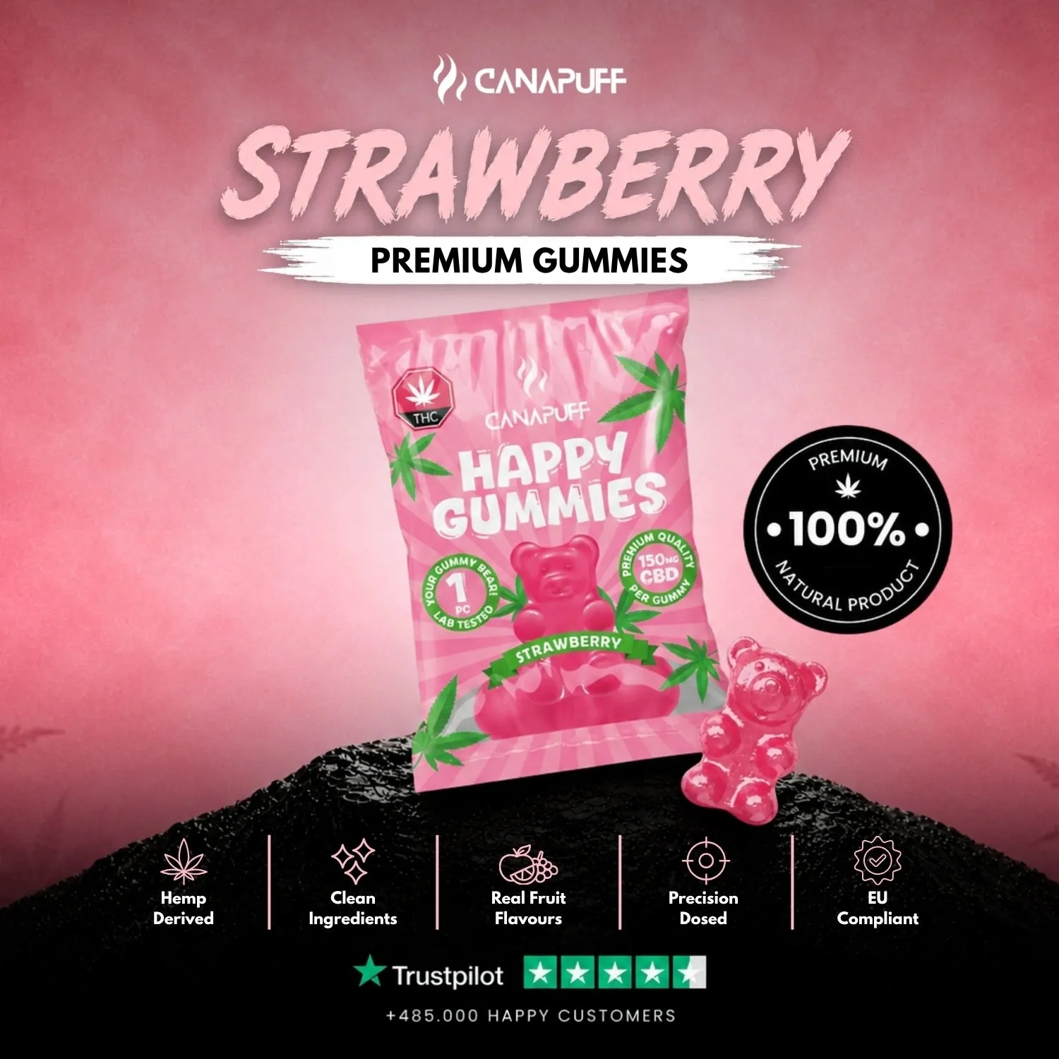 Canapuff CBD Gummies Strawberry vingummi 1 stk jordbær