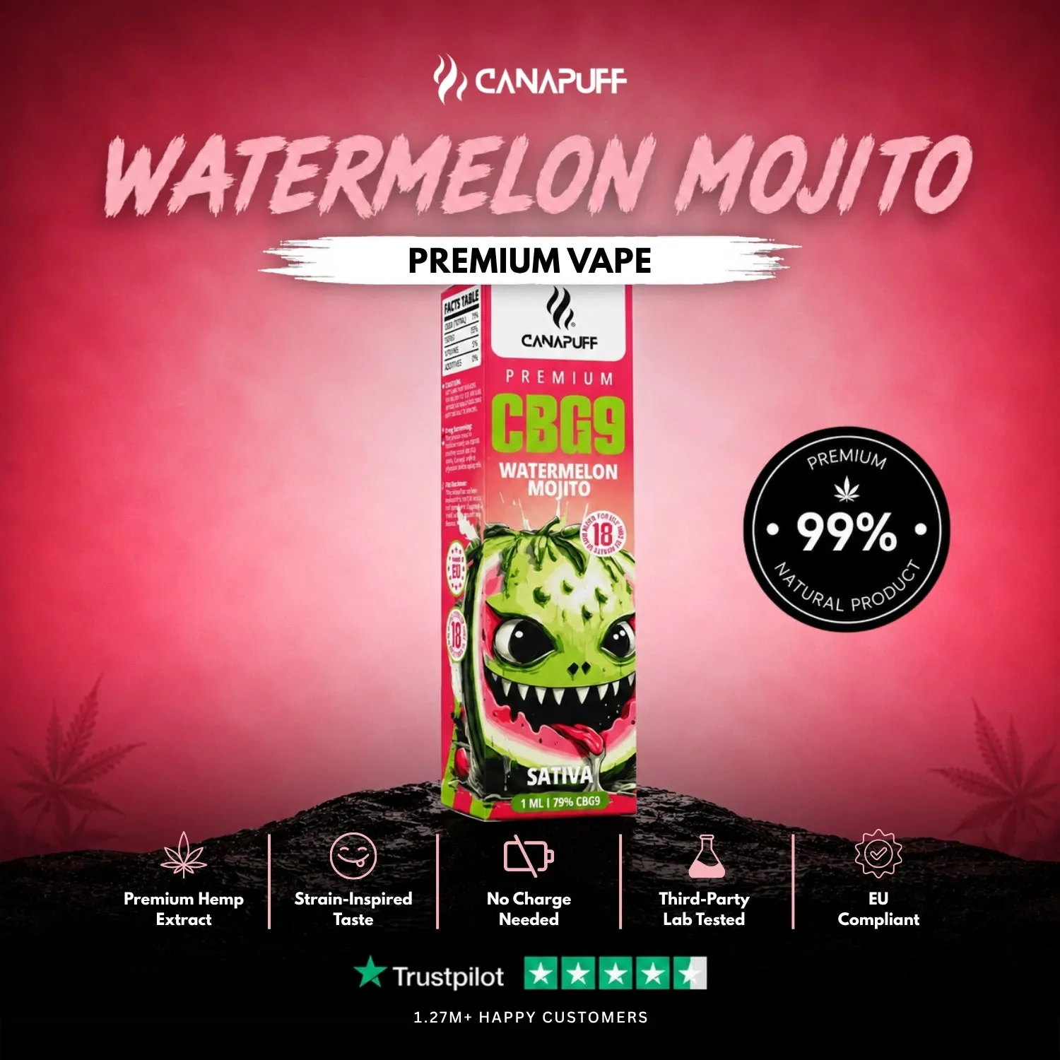 CanaPuff CBG9 Watermelon Mojito vape 1 ml 79% lime mynte