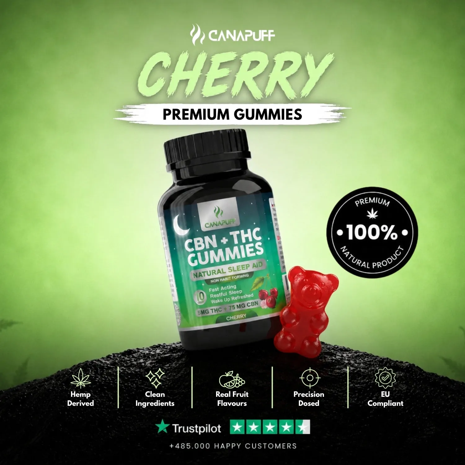 Canapuff CBN THC Gummies Cherry vingummi 10 stk kirsebær