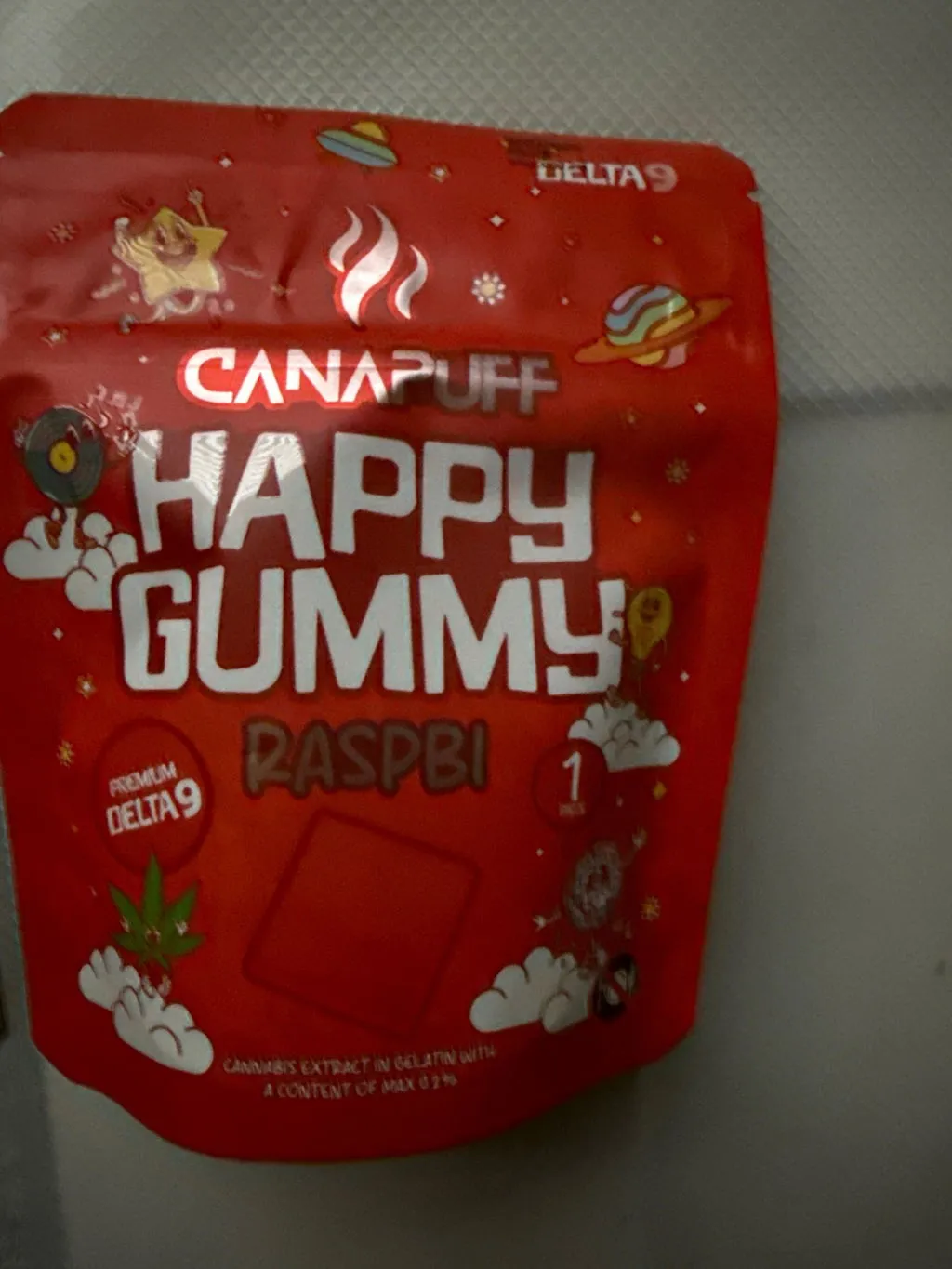 Canapuff Happy Gummy Raspbi vingummi 1 stk bringebær
