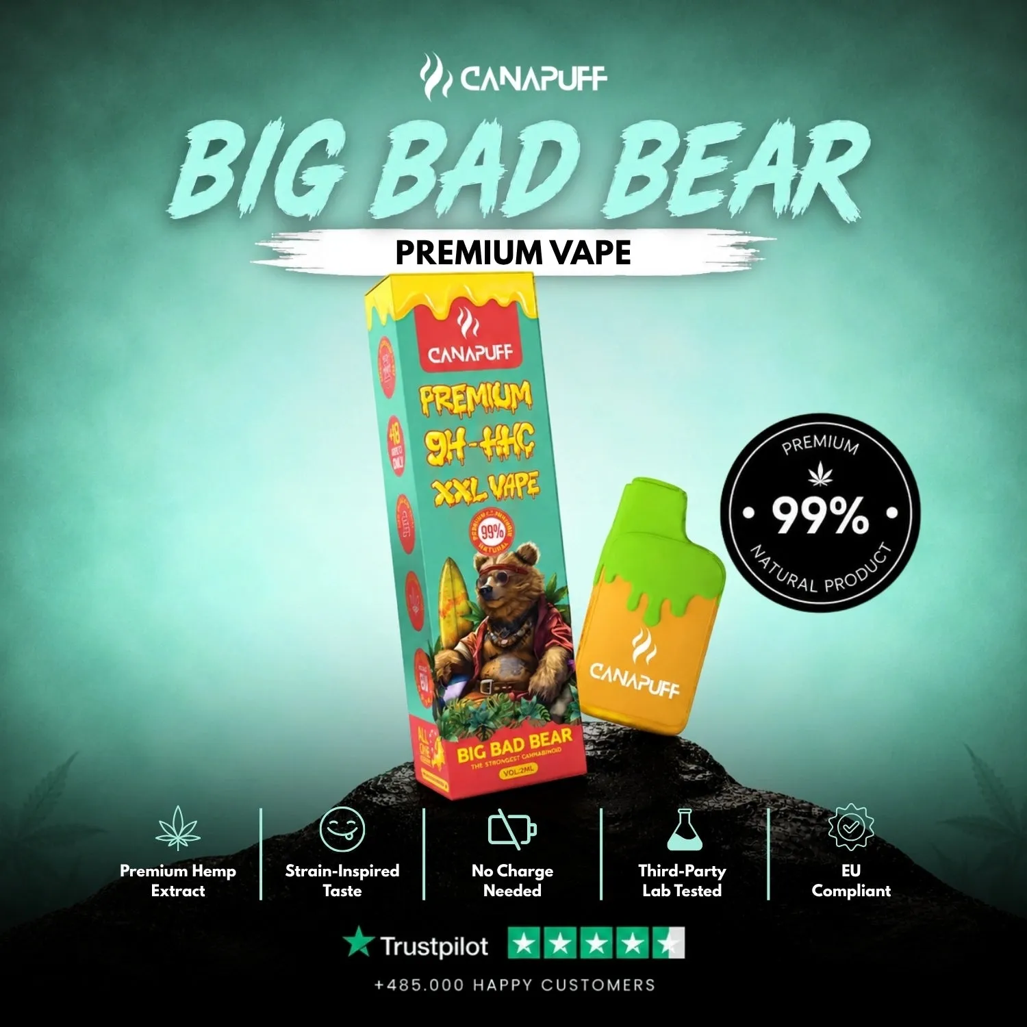 Canapuff 9H-HHC Big Bad Bear XXL vape 2 ml – skogfrisk