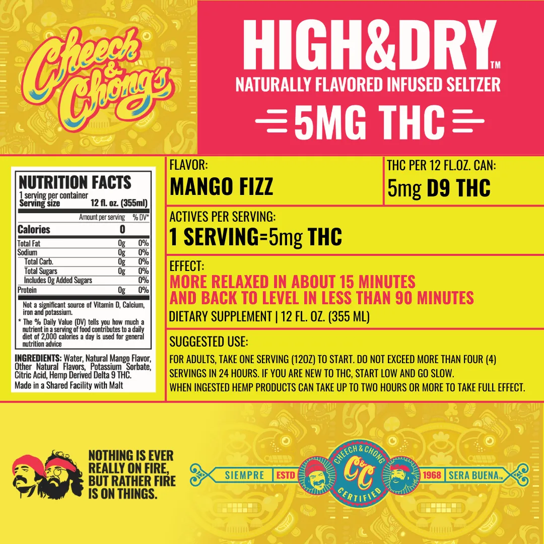 Cheech & Chong High & Dry Mango Fizz THC-seltzer 6-pack 30 mg
