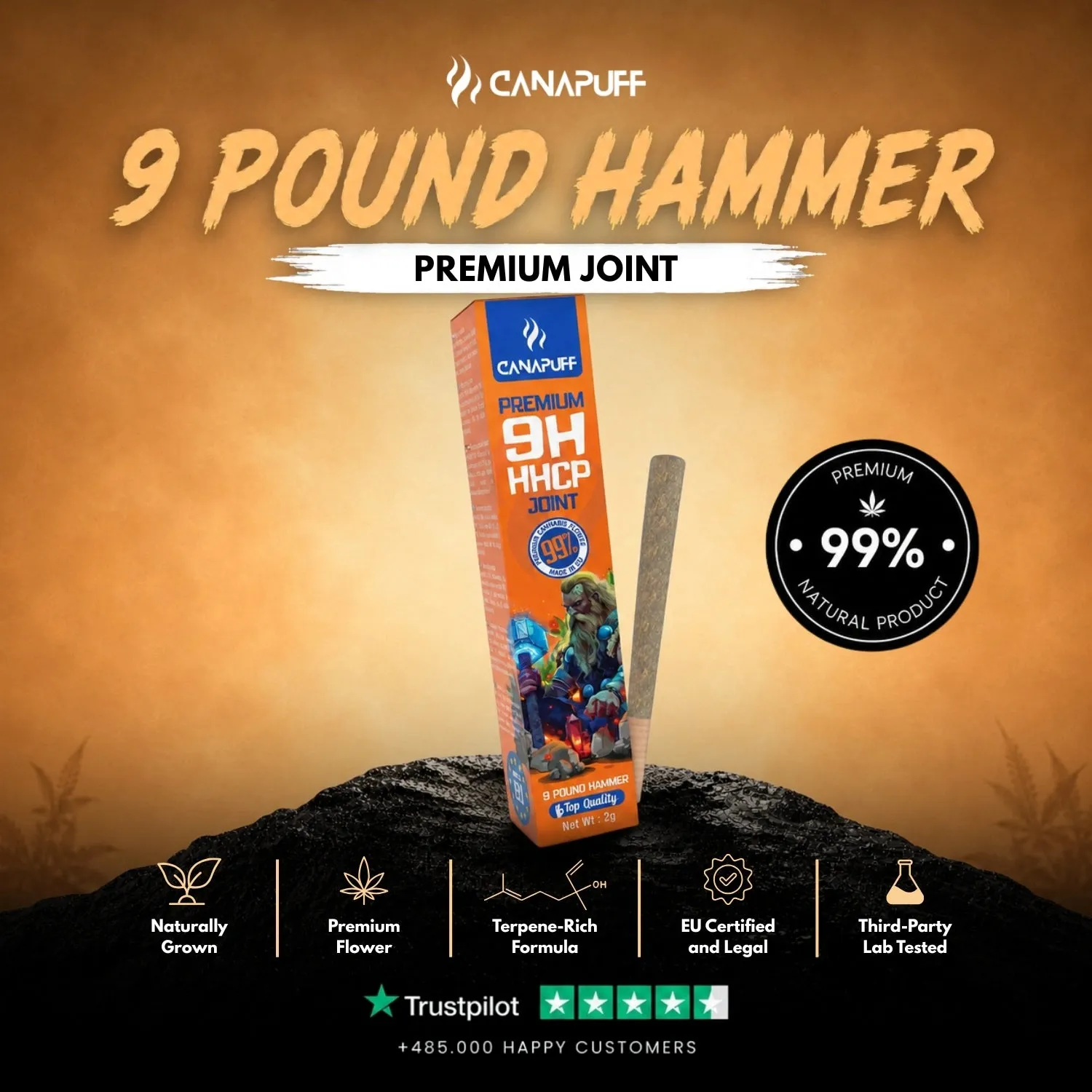 Canapuff 9 Pound Hammer 9H-HHCP joint 2g jordaktig