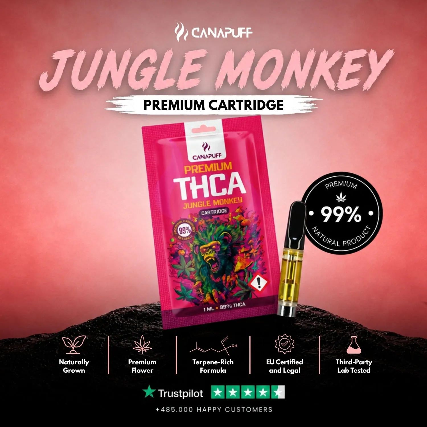 Canapuff THCA Jungle Monkey vape-patron 99% jordaktig