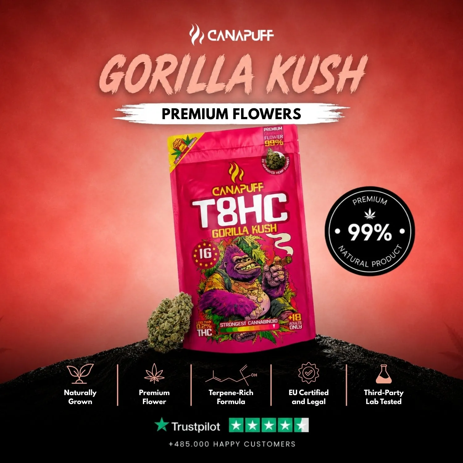 Canapuff Gorilla Kush 99% T8HC-blomster 1 g jord