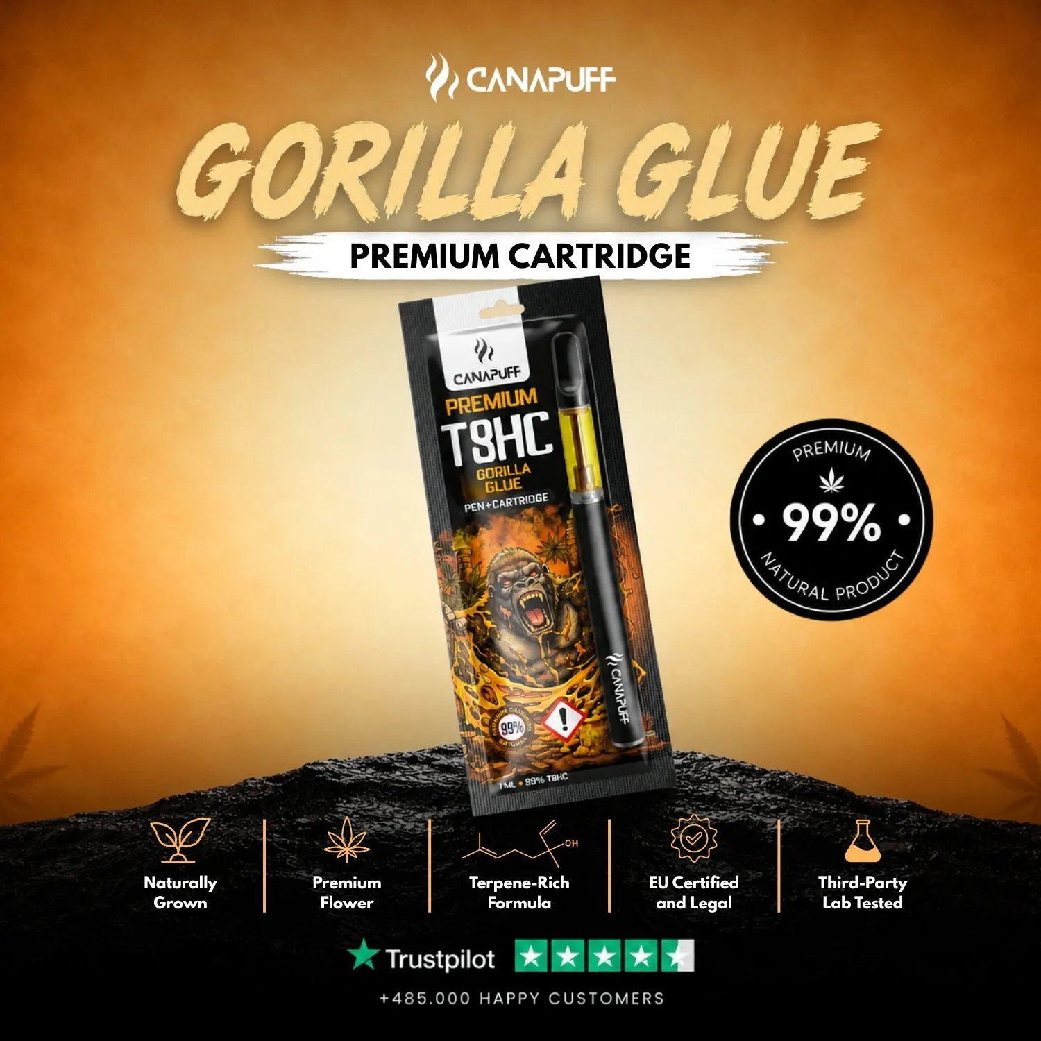 Canapuff T8HC Gorilla Glue vapepenn + patron 99% jordaktig