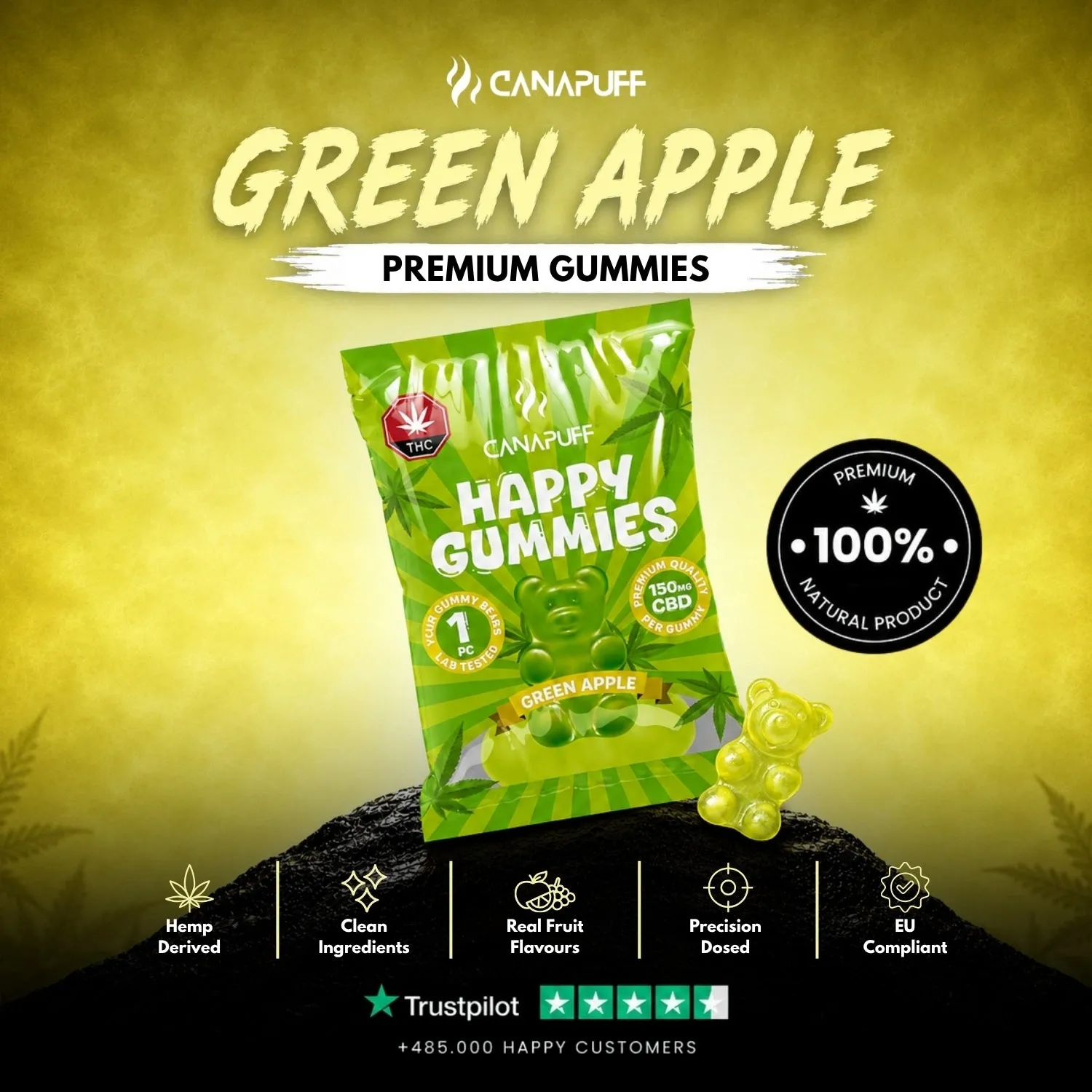 Canapuff CBD Gummies Green Apple vingummi 1 stk syrlig