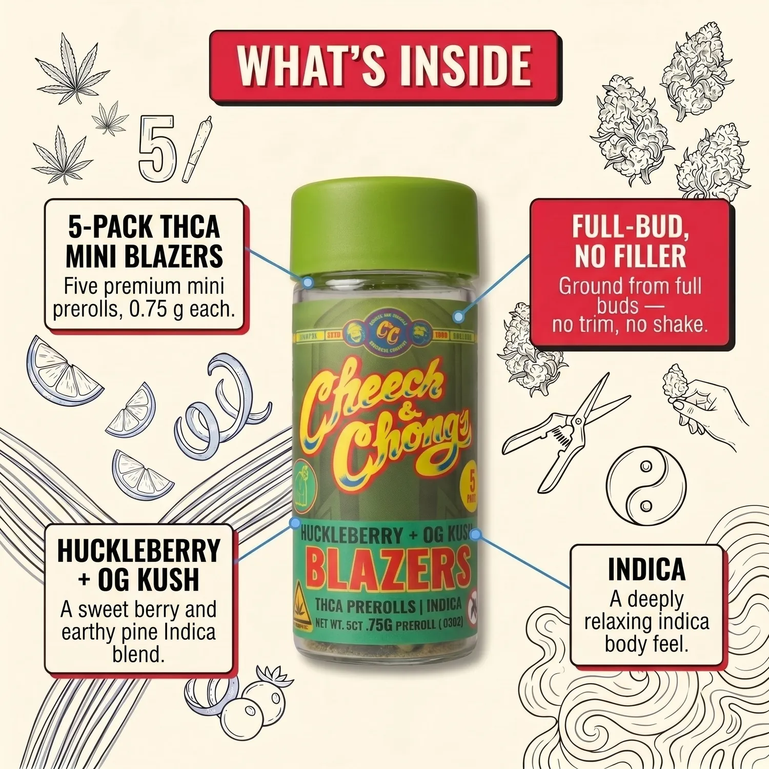 Cheech & Chong Blazers Huckleberry OG Kush prerolls 5-pk 3,75g indica