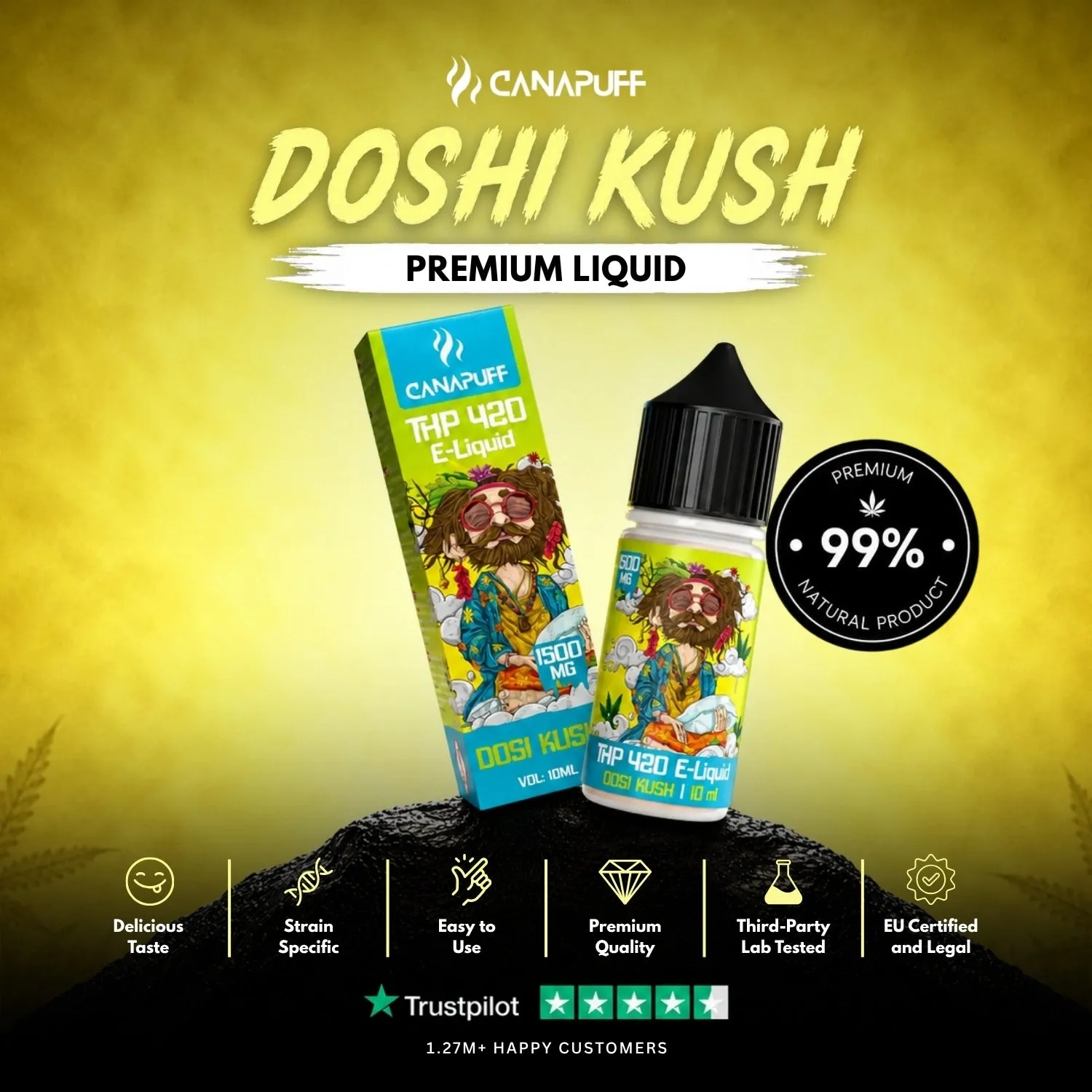 Canapuff THP420 Liquid Dosi Kush vapevæske 1500 mg jordaktig