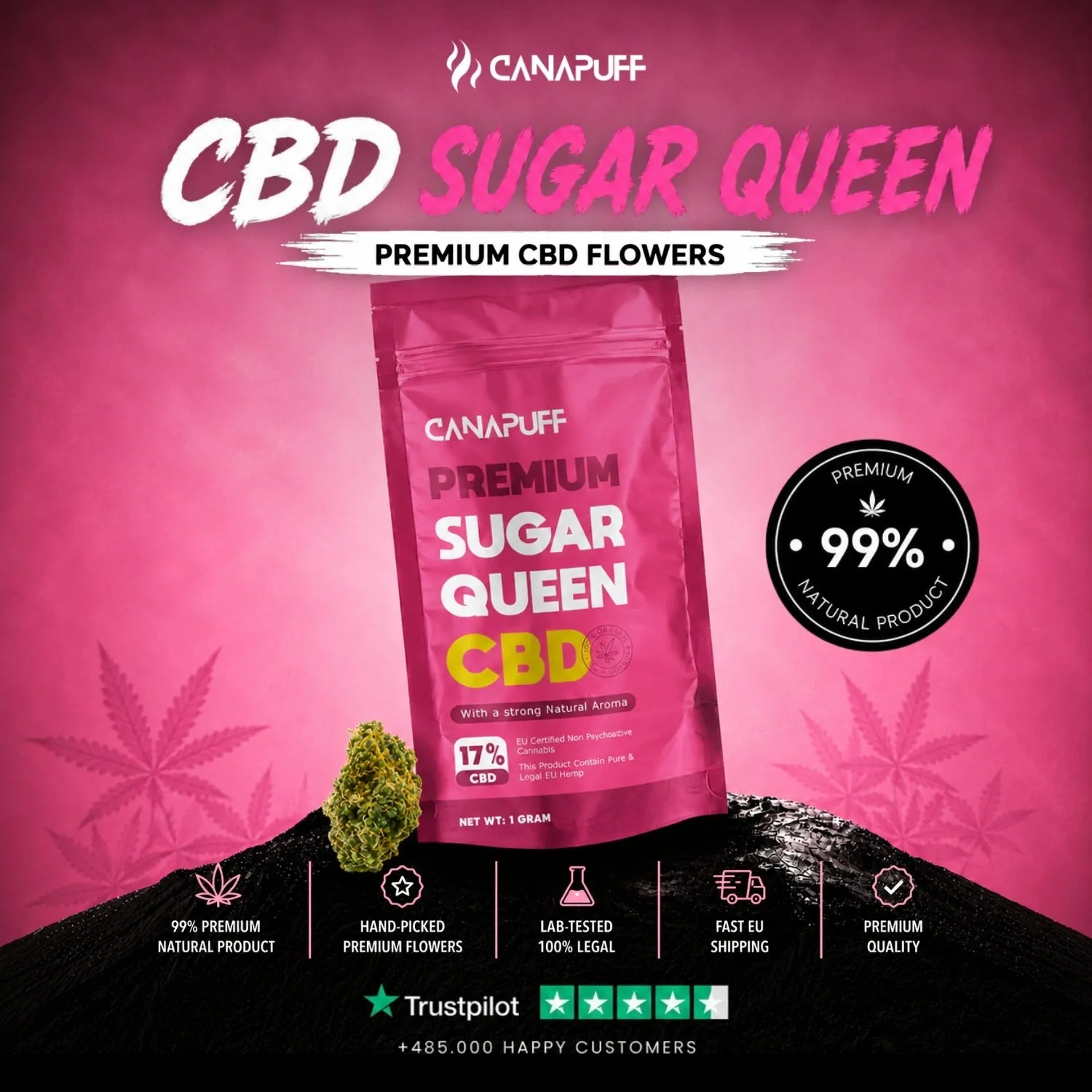 Canapuff Sugar Queen 17% CBD-blomst 1g søt