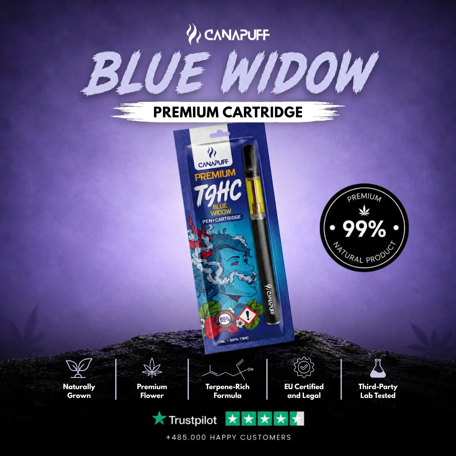 Canapuff T9HC Blue Widow vapepenn med patron 99%