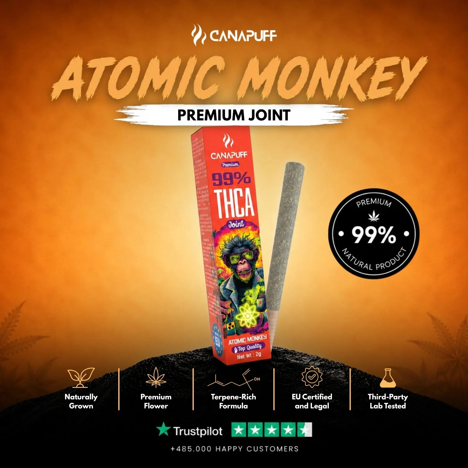 Canapuff Atomic Monkey THCA-joint 2 g jordlig