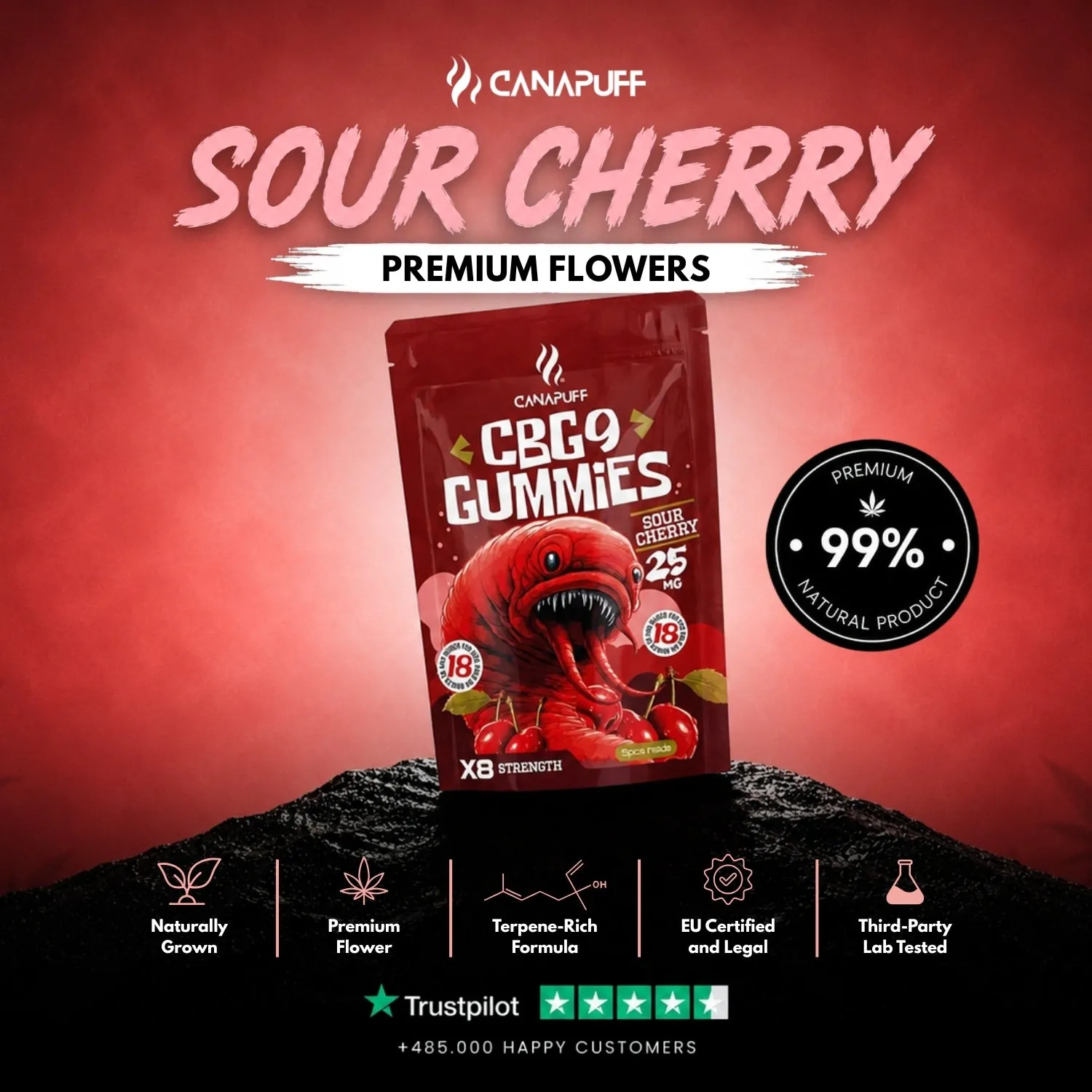 Canapuff CBG9 Gummies Sour Cherry vingummi sursøt