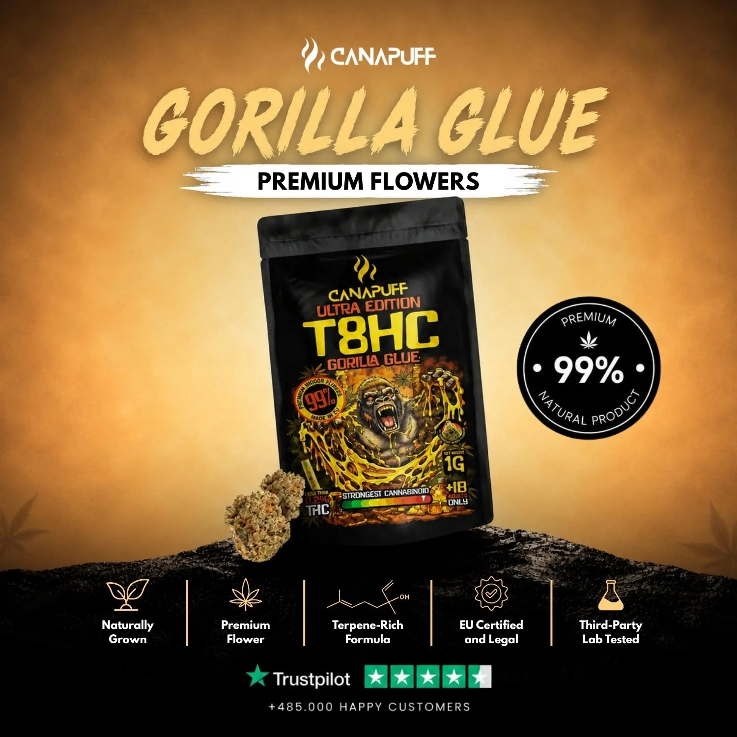 Canapuff T8HC blomster Gorilla Glue 99% jordaktig