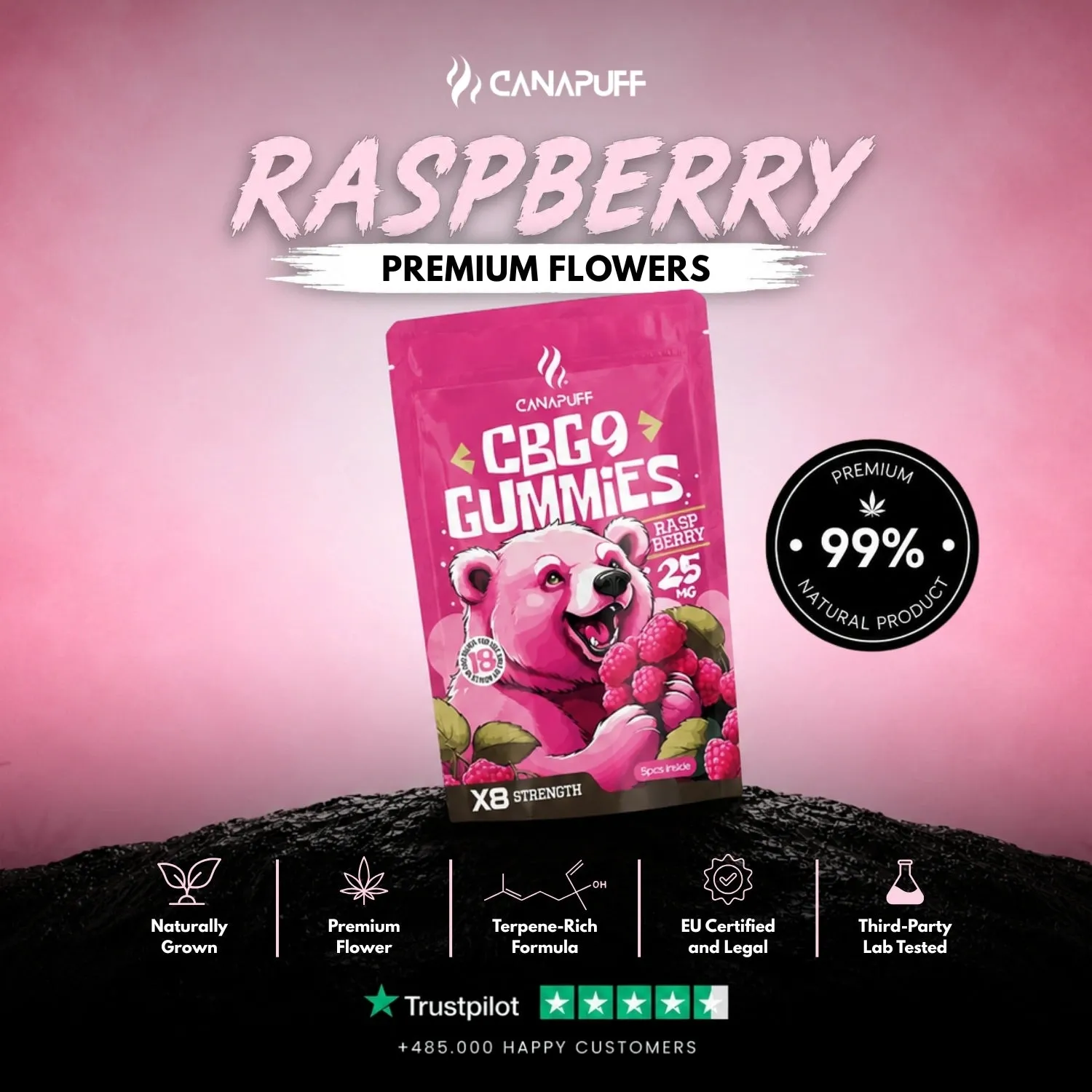 Canapuff CBG9 Gummies vingummi bringebær