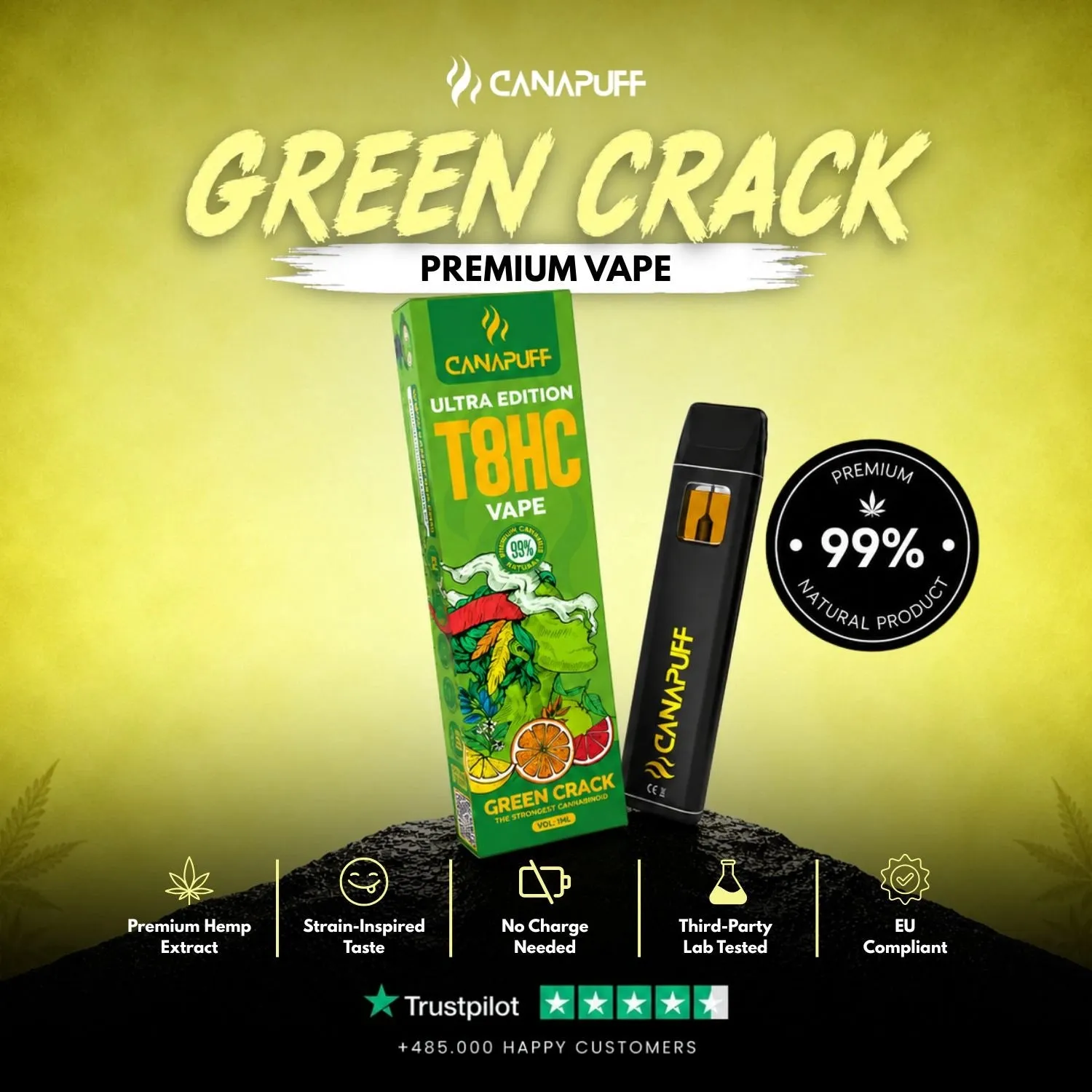 Canapuff T8HC vape Green Crack 99% 1 ml sitrus