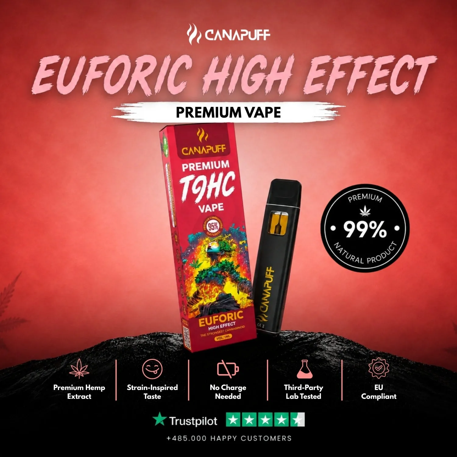 Canapuff Euforic T-HC vape 1 ml 95% kirsebær
