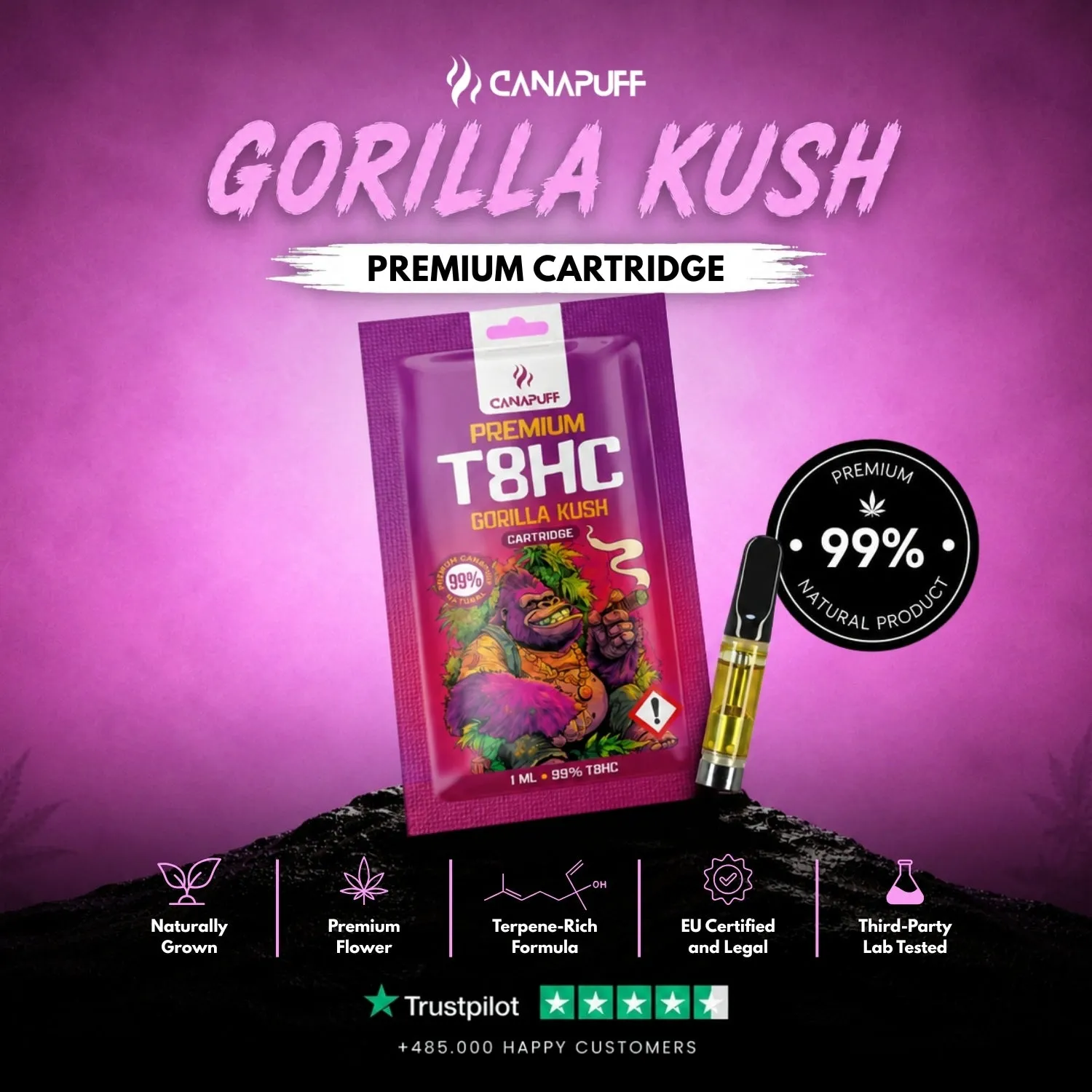 Canapuff T8HC Gorilla Kush patron 99% jordaktig