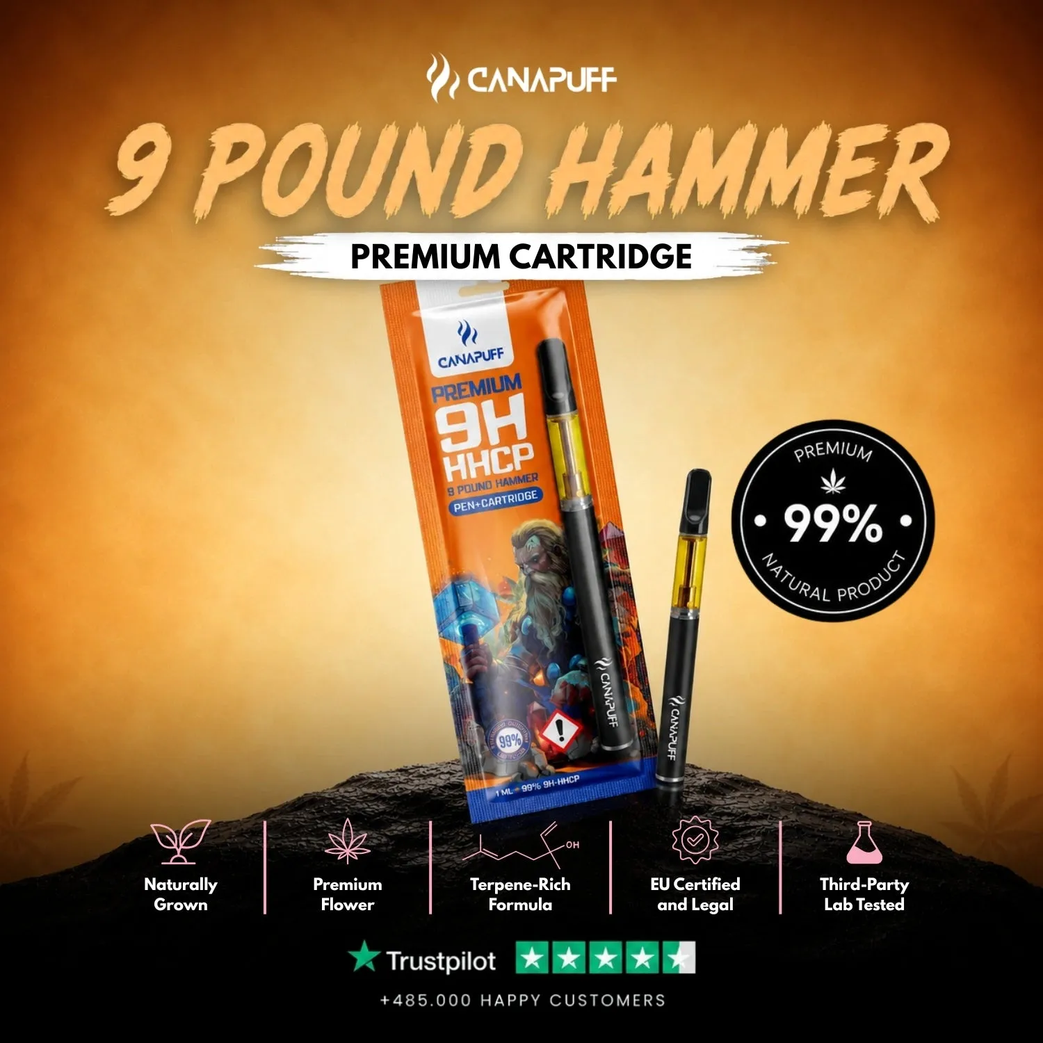 Canapuff 9 Pound Hammer 9H-HHCP vapepen 1ml sitrus
