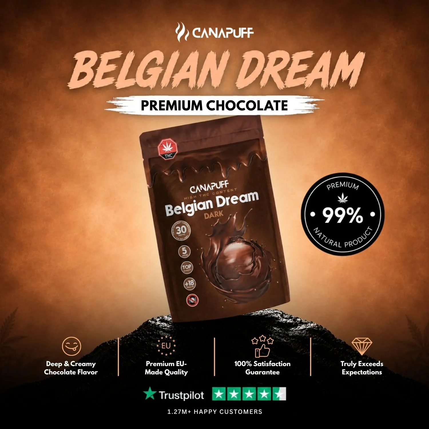 Canapuff Happy Chocolate Bitter sjokolade 5 stk mørk