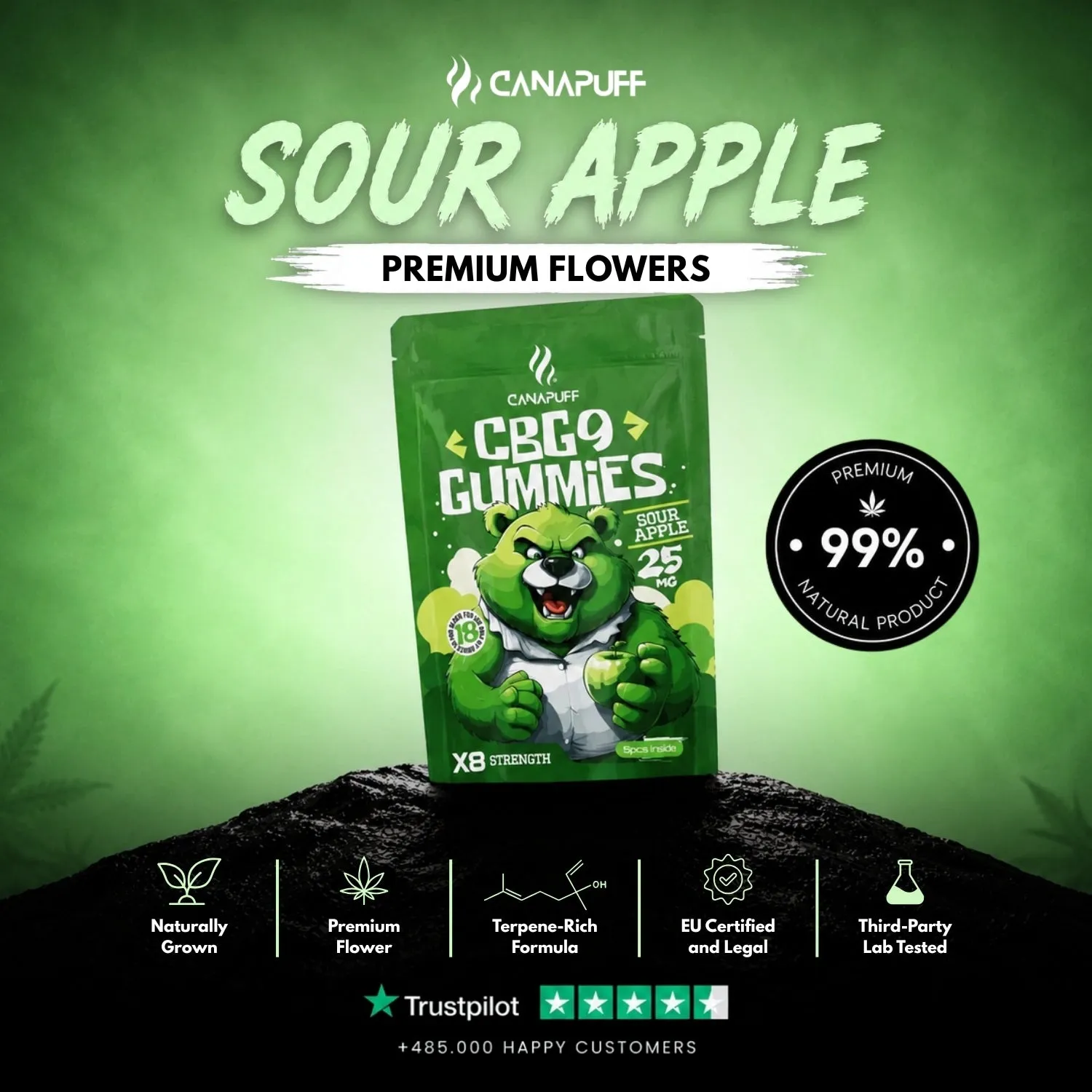 CANAPUFF CBG9 Gummies Sour Apple vingummi surt eple