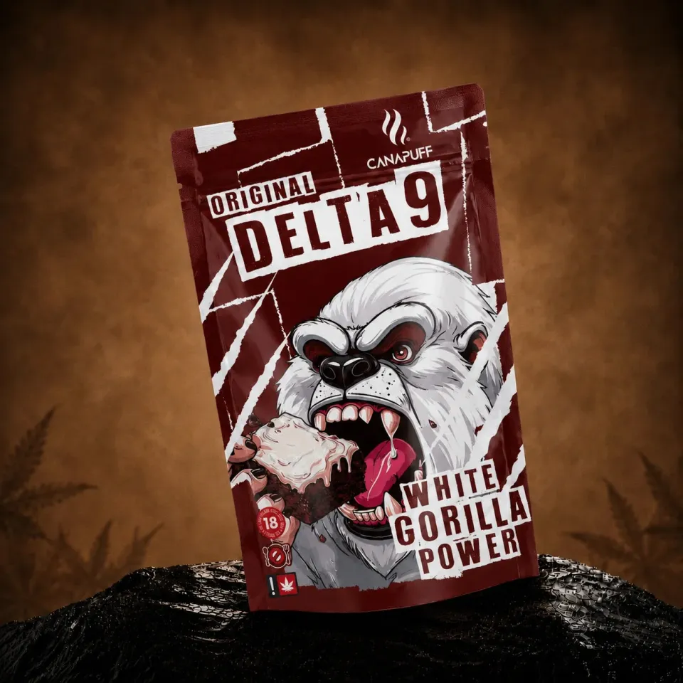 Canapuff Happy White Gorilla Power brownie glasur
