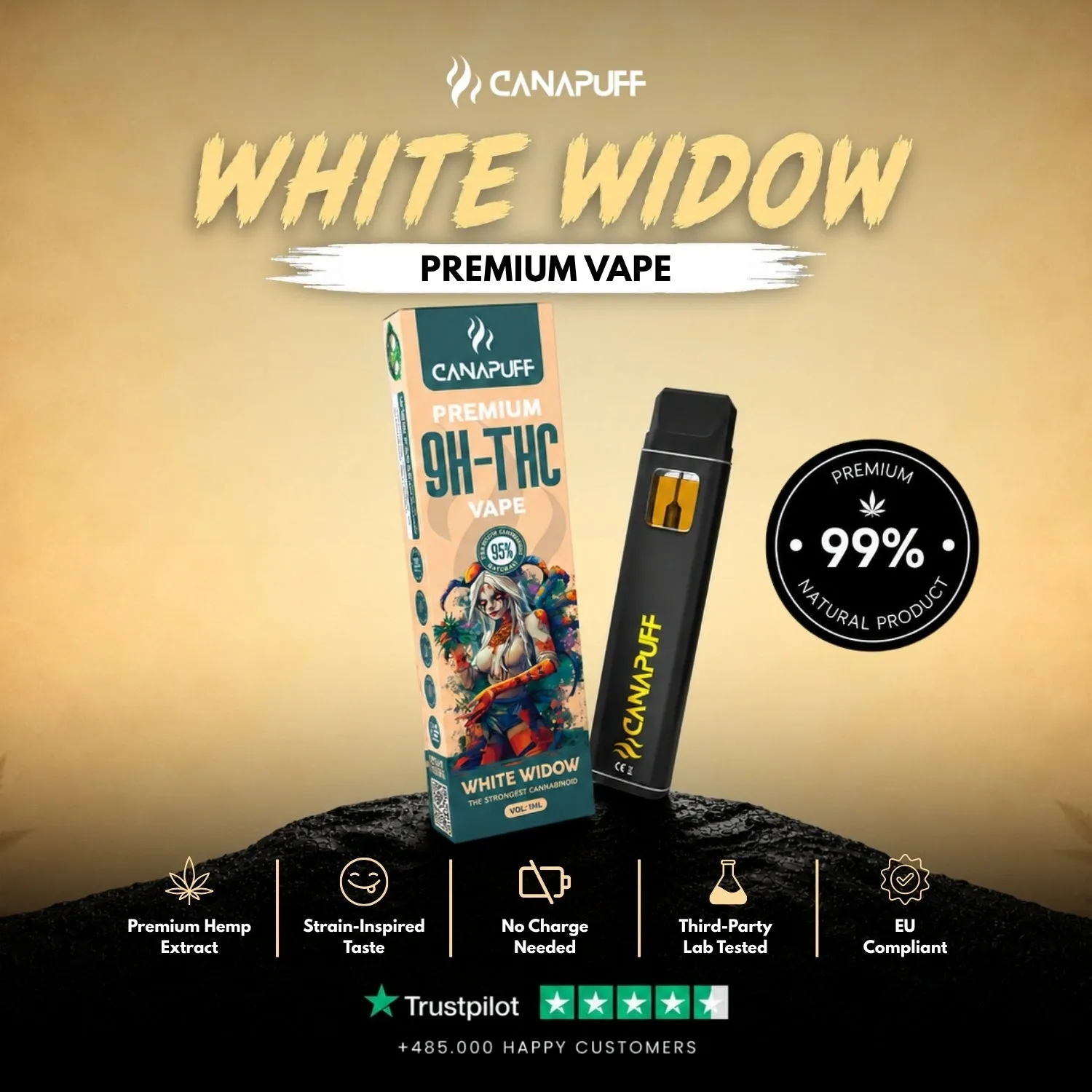 Canapuff 9H-THC White Widow 95% vape 1ml jordaktig