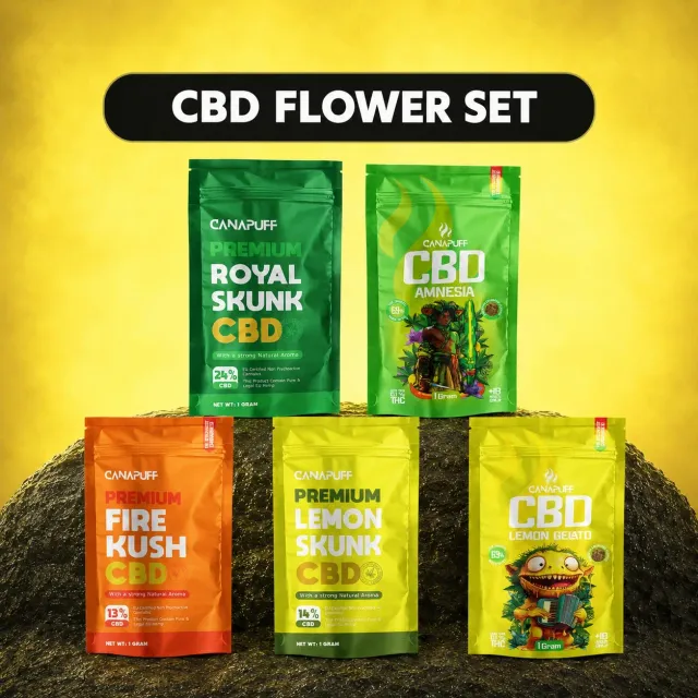 Canapuff Sæt CBD-blomst 5x1g fem sorter prøvepakke