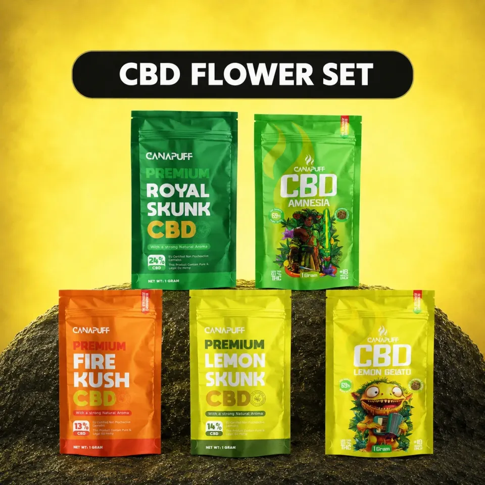 Canapuff Sæt CBD-blomst 5x1g fem sorter prøvepakke