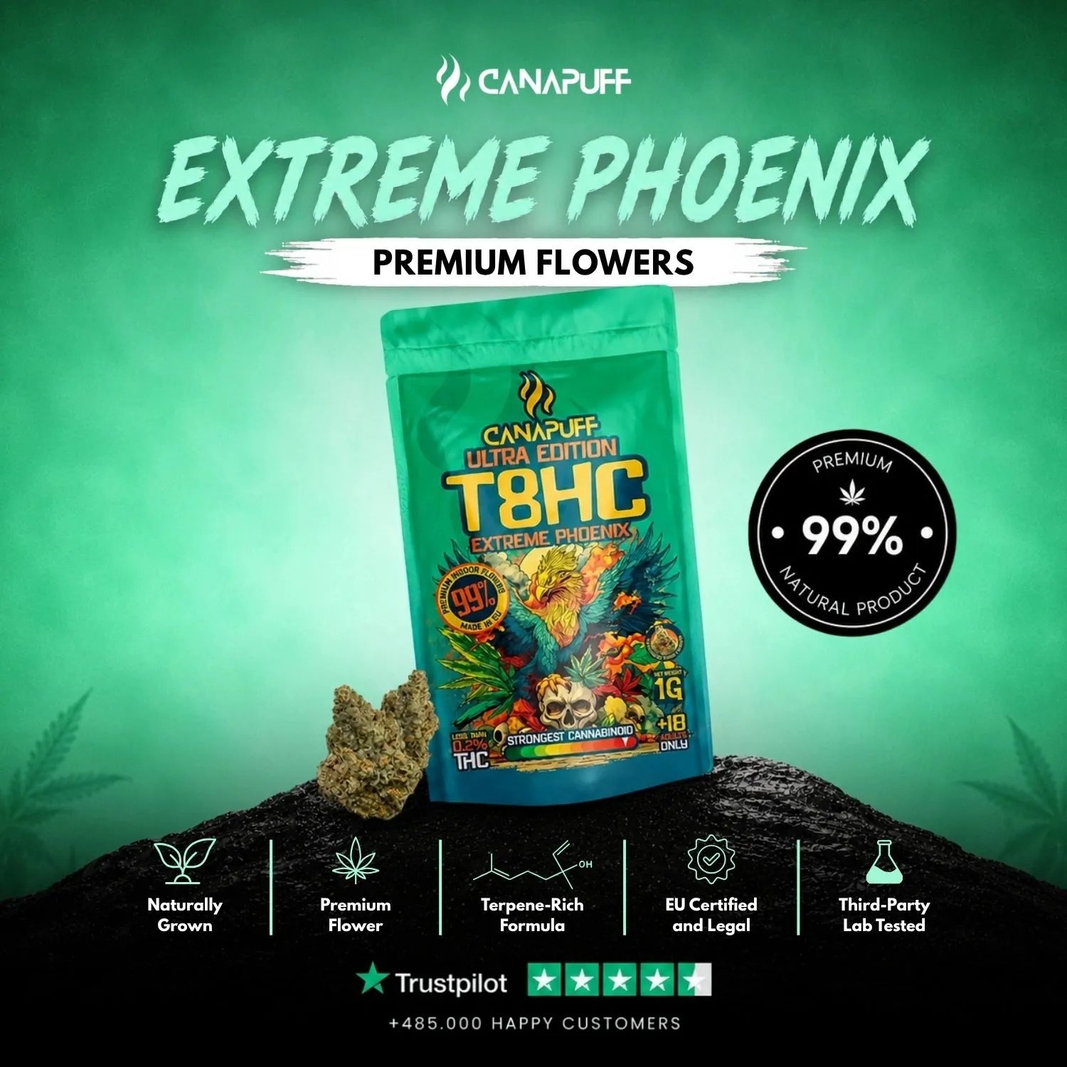 Canapuff T8HC Extreme Phoenix 99% blomster 1g balansert