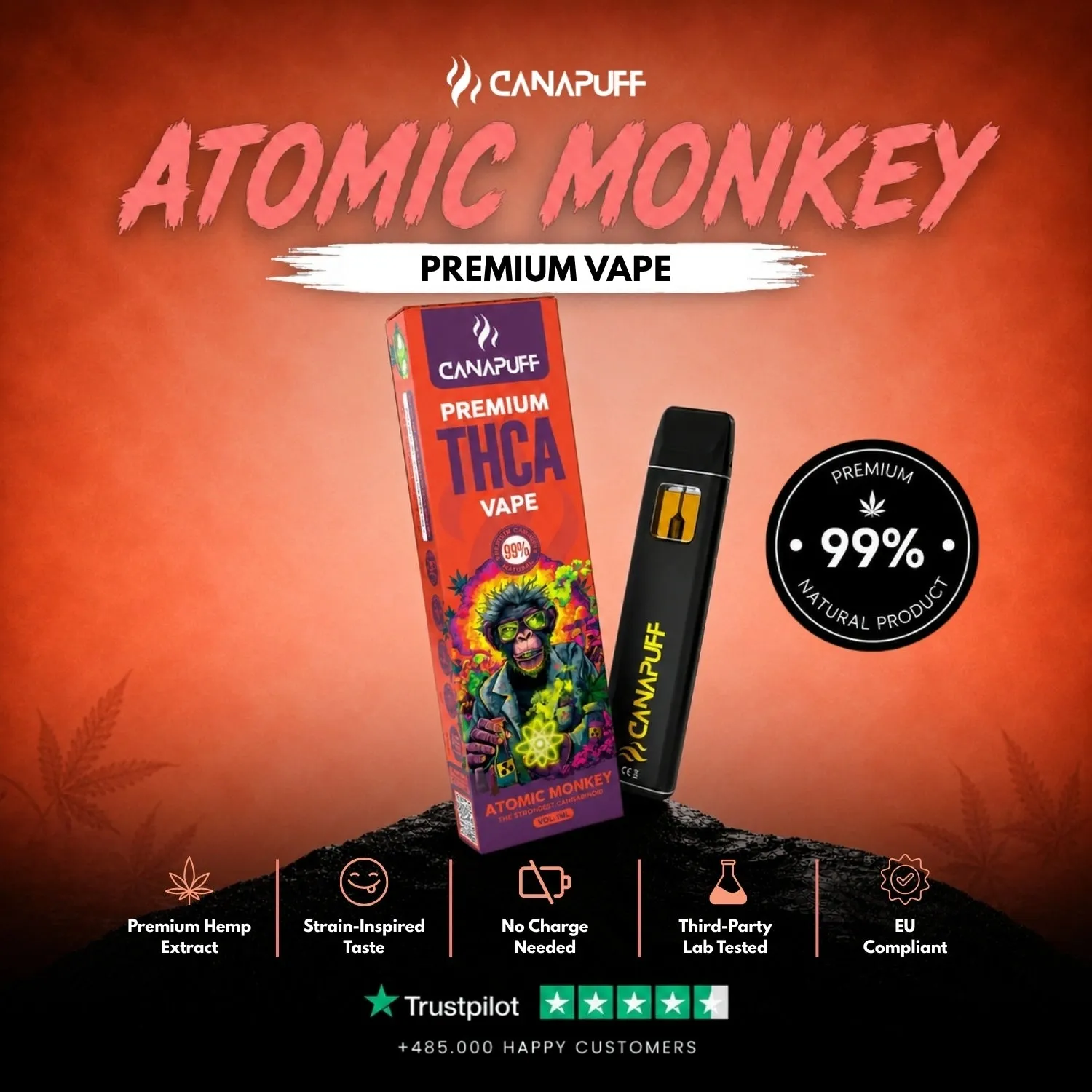 Canapuff Atomic Monkey 99% THCA-vape 1ml sitrus jord