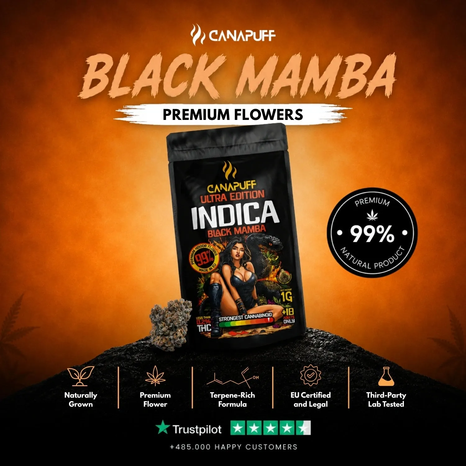 CANAPUFF Black Mamba Ultra blomst 1g jordaktig