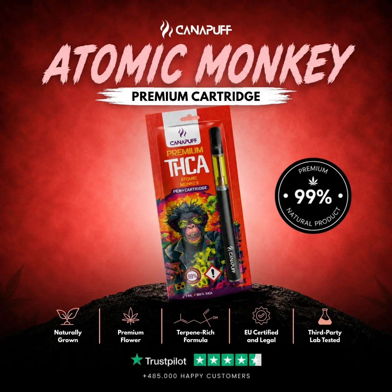 Canapuff THCA Atomic Monkey 99% vapepenn jordaktig