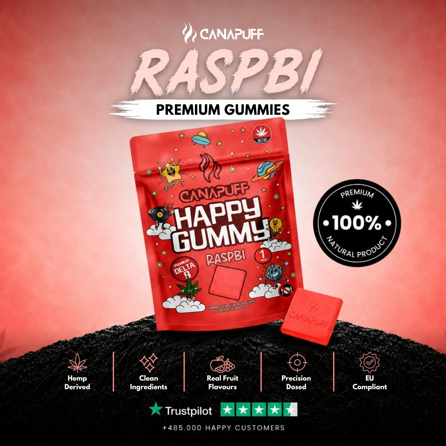 Canapuff Happy Gummy Raspbi vingummi 1 stk bringebær