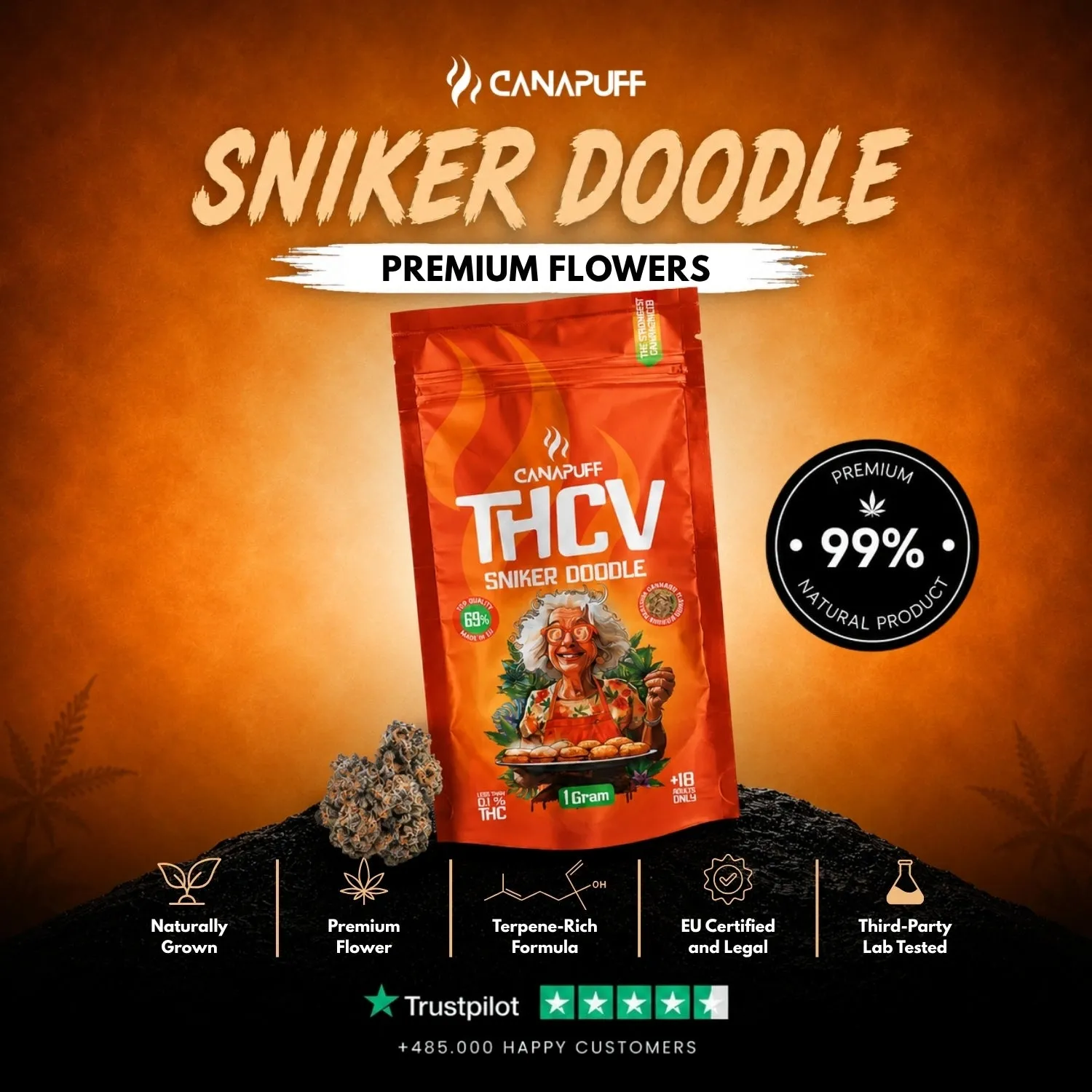 Canapuff THCv Snicker Doodle 69% blomster 1 gram kanel