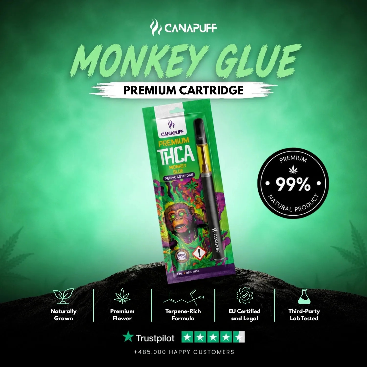 Canapuff Monkey Glue THCA vapepenn patron 99% 
